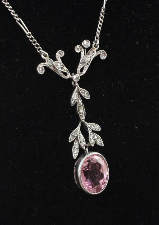 A Belle Epoque white gold, pink tourmaline and rose cut diamond set drop pendant necklace, pendant 1.75in.